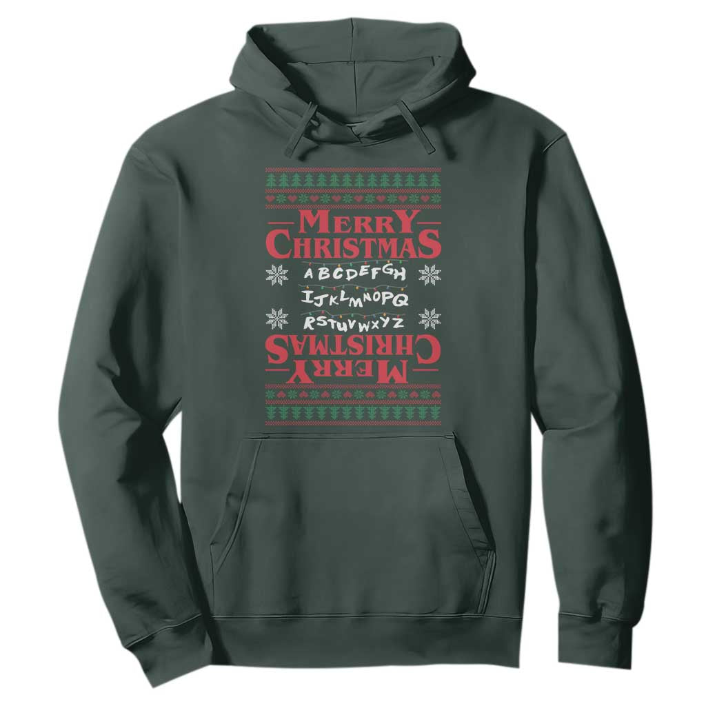 Funny Stranger Xmas Hoodie Merry Christmas Alphabet Neon Lights Movie TS11 Dark Forest Green Print Your Wear