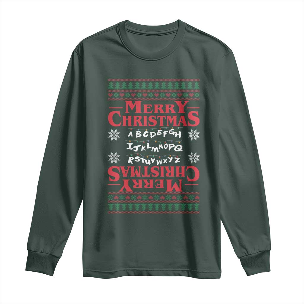 Funny Stranger Xmas Long Sleeve Shirt Merry Christmas Alphabet Neon Lights Movie TS11 Dark Forest Green Print Your Wear