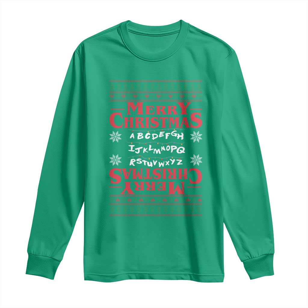 Funny Stranger Xmas Long Sleeve Shirt Merry Christmas Alphabet Neon Lights Movie TS11 Irish Green Print Your Wear