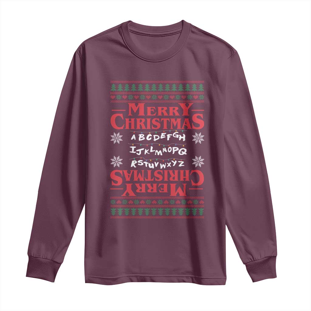 Funny Stranger Xmas Long Sleeve Shirt Merry Christmas Alphabet Neon Lights Movie TS11 Maroon Print Your Wear