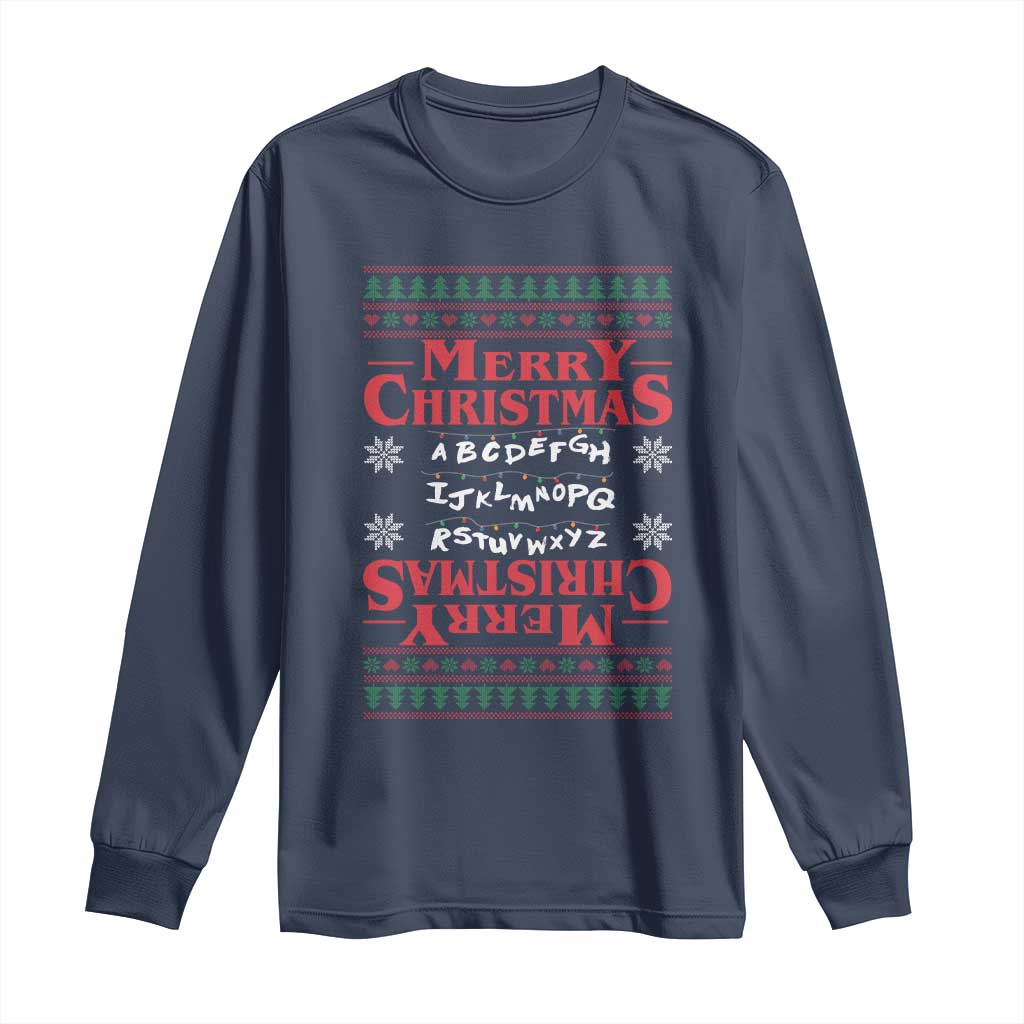 Funny Stranger Xmas Long Sleeve Shirt Merry Christmas Alphabet Neon Lights Movie TS11 Navy Print Your Wear