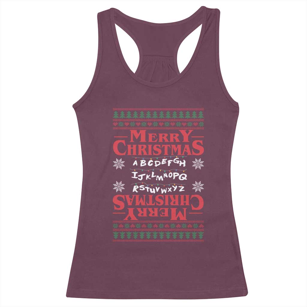 Funny Stranger Xmas Racerback Tank Top Merry Christmas Alphabet Neon Lights Movie TS11 Maroon Print Your Wear