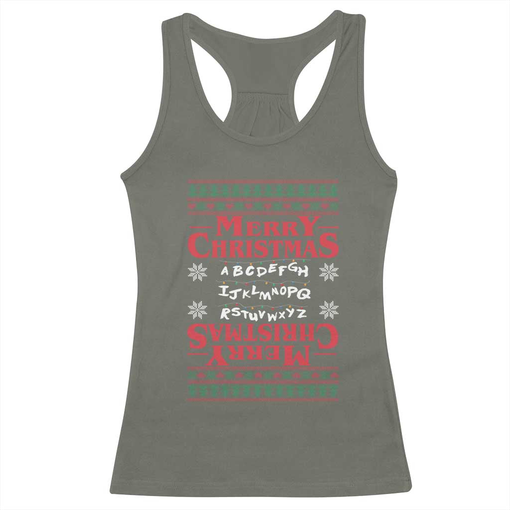 Funny Stranger Xmas Racerback Tank Top Merry Christmas Alphabet Neon Lights Movie TS11 Military Green Print Your Wear