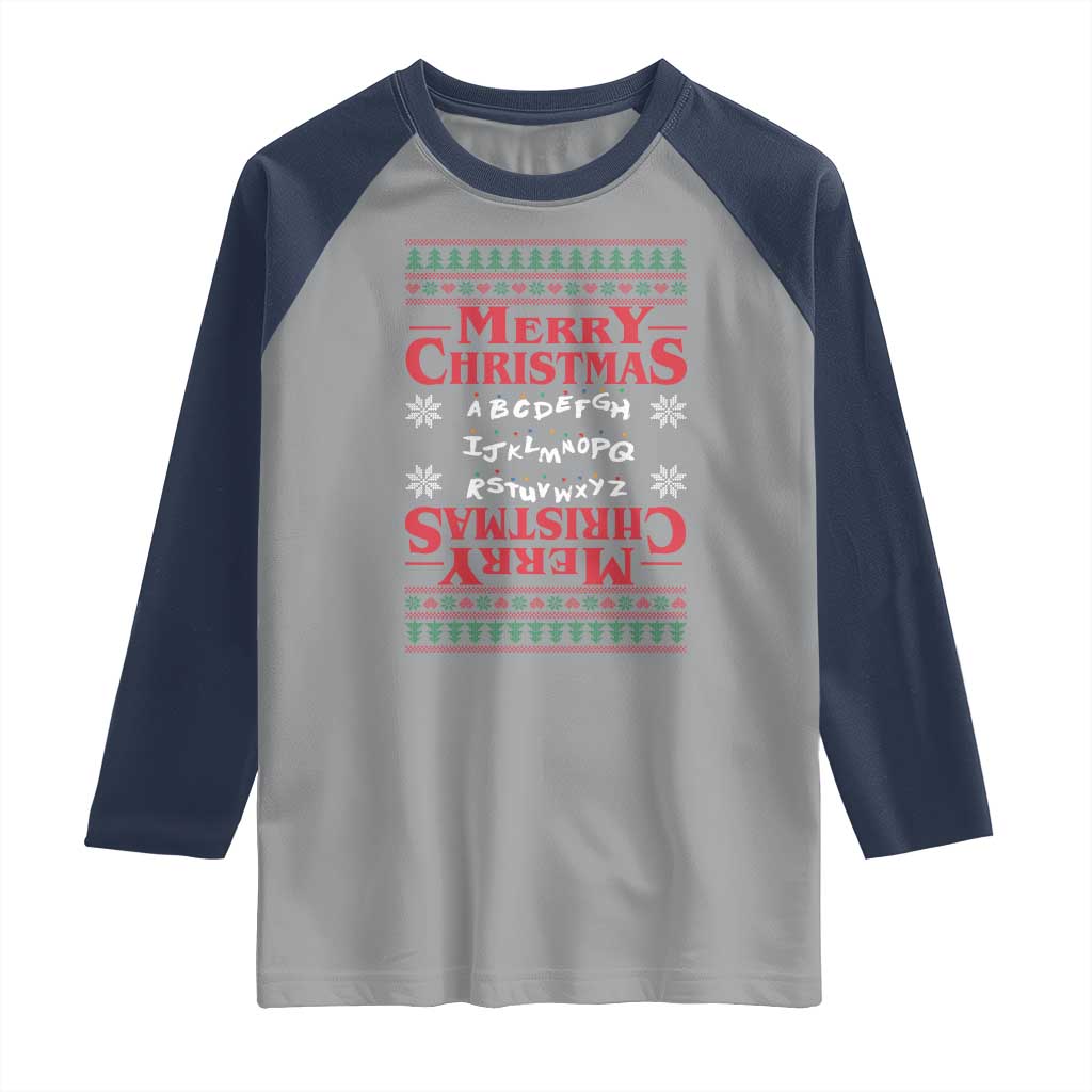 Funny Stranger Xmas Raglan Shirt Merry Christmas Alphabet Neon Lights Movie TS11 Sport Gray Navy Print Your Wear