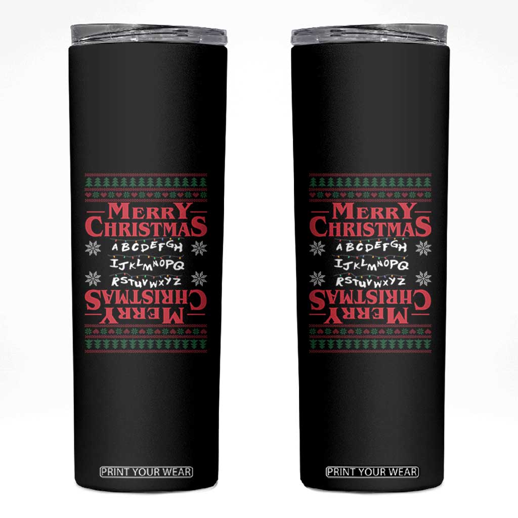 Funny Stranger Xmas Skinny Tumbler Merry Christmas Alphabet Neon Lights Movie TS11 Black Print Your Wear