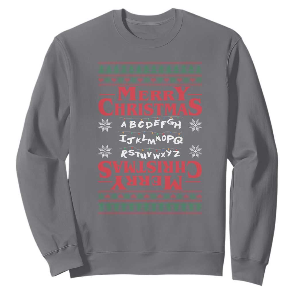 Funny Stranger Xmas Sweatshirt Merry Christmas Alphabet Neon Lights Movie TS11 Charcoal Print Your Wear