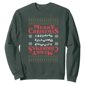 Funny Stranger Xmas Sweatshirt Merry Christmas Alphabet Neon Lights Movie TS11 Dark Forest Green Print Your Wear