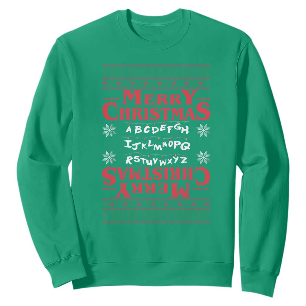 Funny Stranger Xmas Sweatshirt Merry Christmas Alphabet Neon Lights Movie TS11 Irish Green Print Your Wear