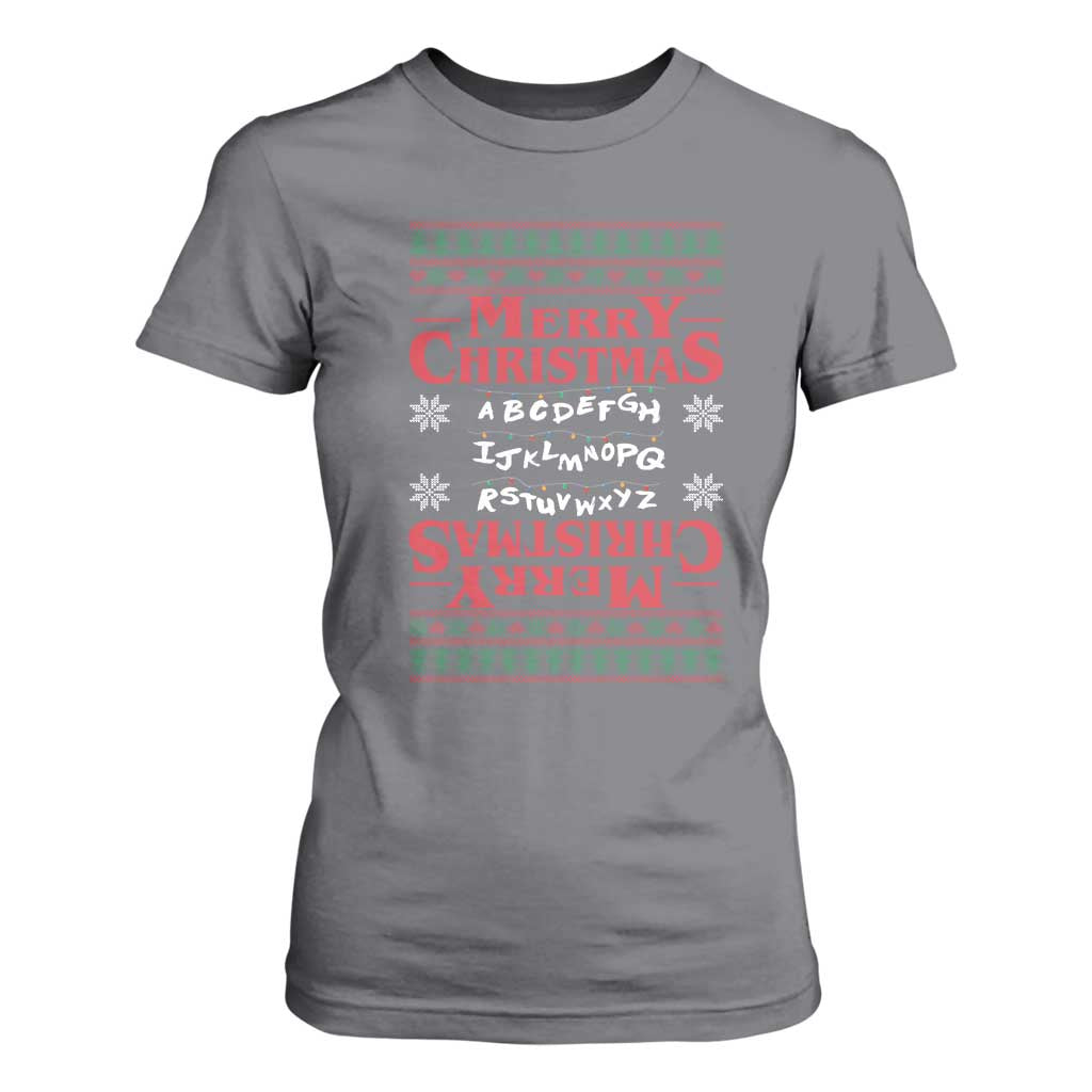 Funny Stranger Xmas T Shirt For Women Merry Christmas Alphabet Neon Lights Movie TS11 Charcoal Print Your Wear