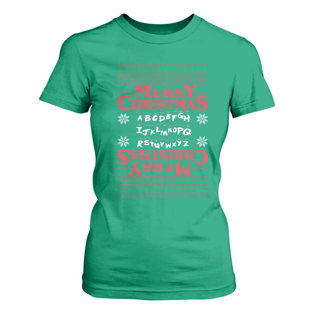 Funny Stranger Xmas T Shirt For Women Merry Christmas Alphabet Neon Lights Movie TS11 Irish Green Print Your Wear
