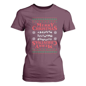 Funny Stranger Xmas T Shirt For Women Merry Christmas Alphabet Neon Lights Movie TS11 Maroon Print Your Wear