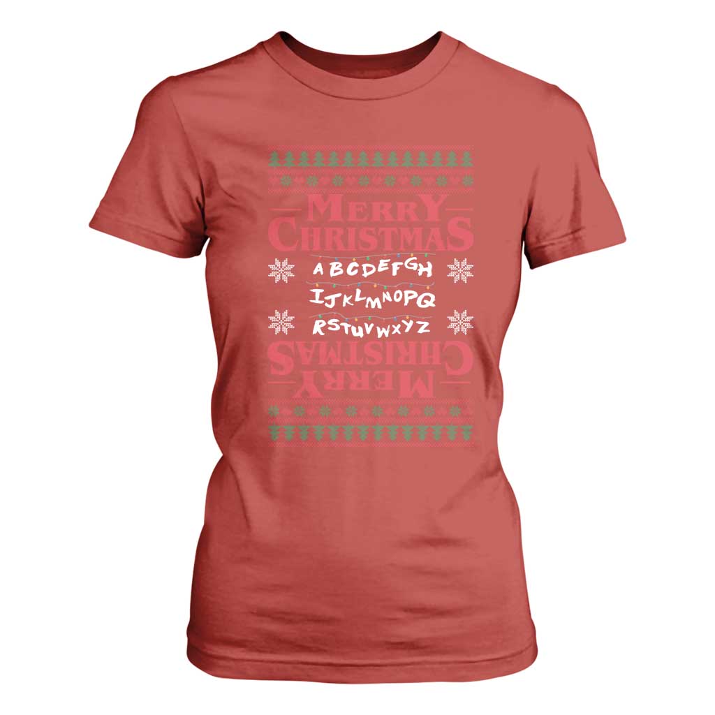 Funny Stranger Xmas T Shirt For Women Merry Christmas Alphabet Neon Lights Movie TS11 Red Print Your Wear