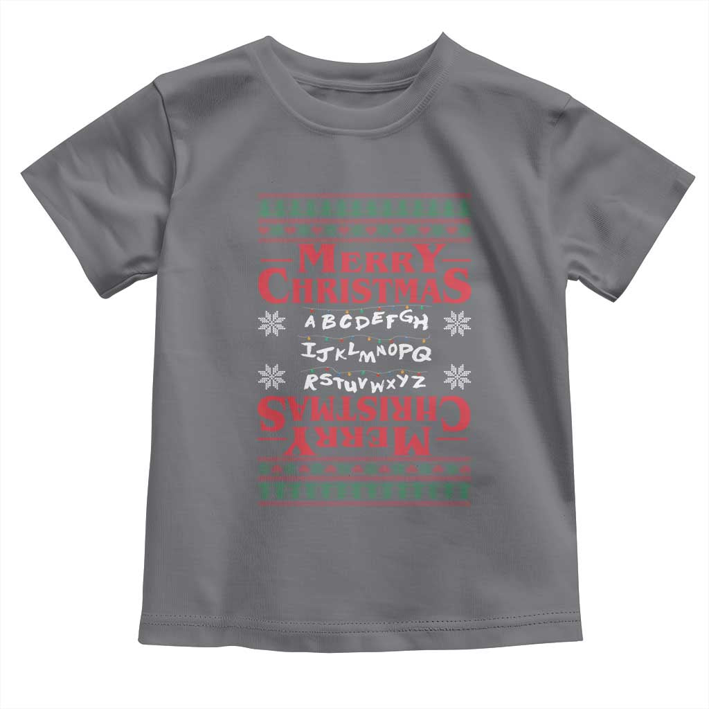 Funny Stranger Xmas Toddler T Shirt Merry Christmas Alphabet Neon Lights Movie TS11 Charcoal Print Your Wear