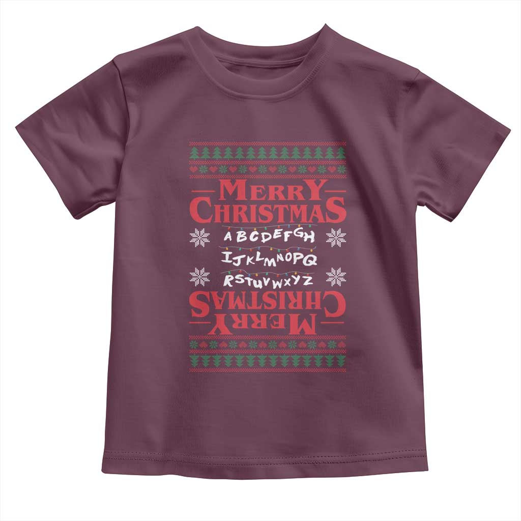 Funny Stranger Xmas Toddler T Shirt Merry Christmas Alphabet Neon Lights Movie TS11 Maroon Print Your Wear