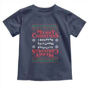 Funny Stranger Xmas Toddler T Shirt Merry Christmas Alphabet Neon Lights Movie TS11 Navy Print Your Wear