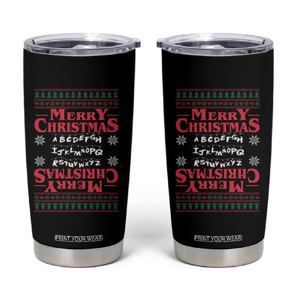 Funny Stranger Xmas Tumbler Cup Merry Christmas Alphabet Neon Lights Movie TS11 Black Print Your Wear