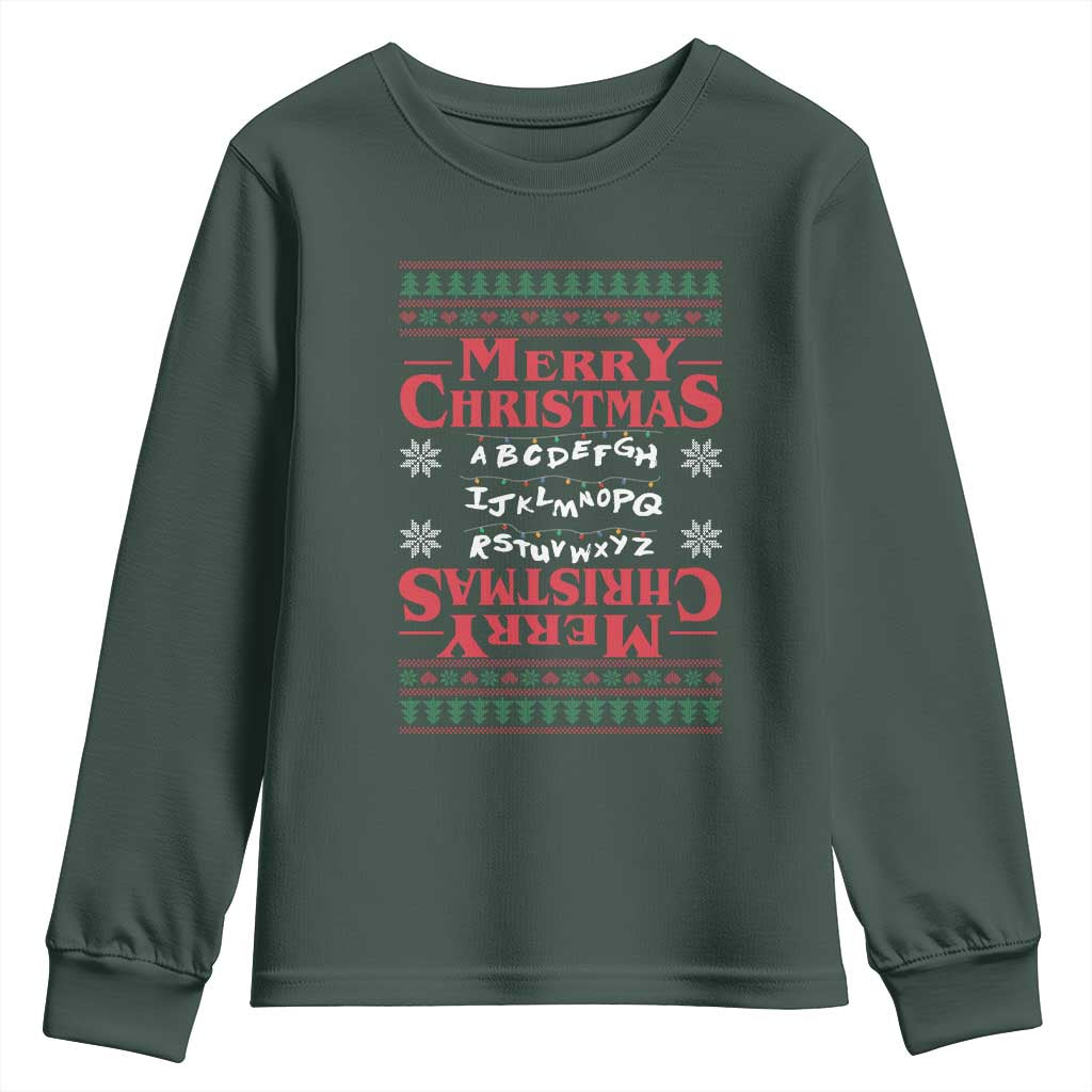 Funny Stranger Xmas Youth Sweatshirt Merry Christmas Alphabet Neon Lights Movie TS11 Dark Forest Green Print Your Wear