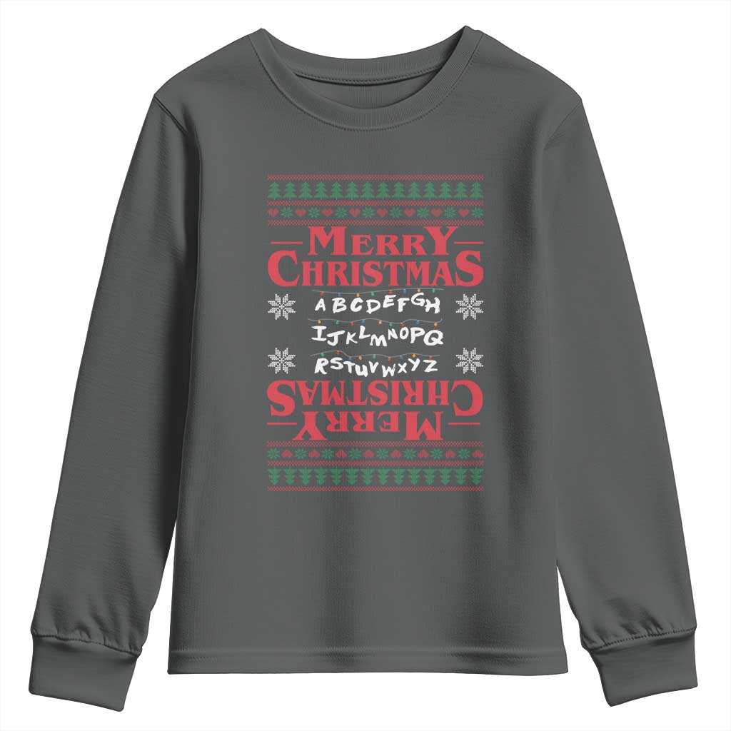 Funny Stranger Xmas Youth Sweatshirt Merry Christmas Alphabet Neon Lights Movie TS11 Dark Heather Print Your Wear