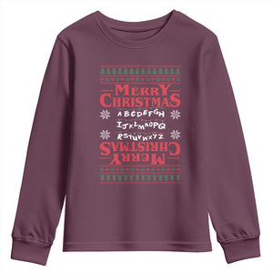 Funny Stranger Xmas Youth Sweatshirt Merry Christmas Alphabet Neon Lights Movie TS11 Maroon Print Your Wear
