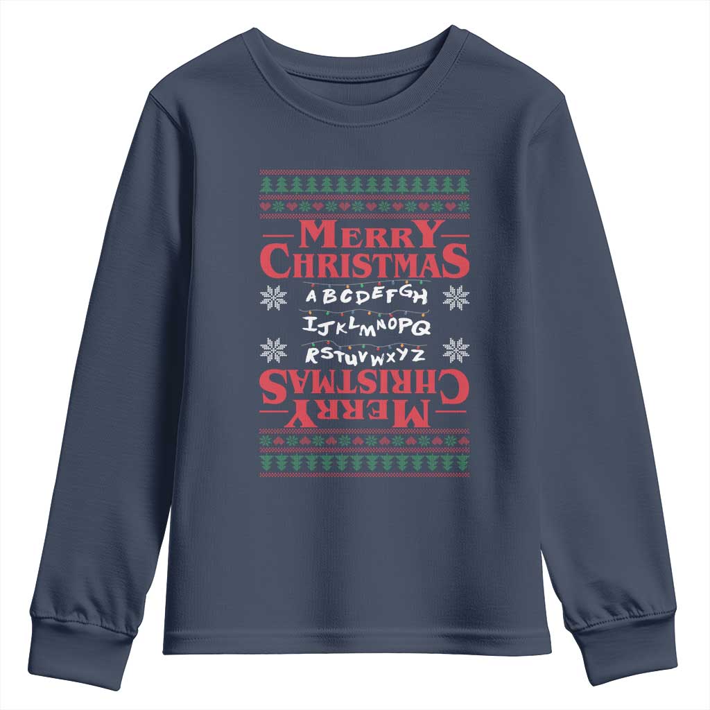 Funny Stranger Xmas Youth Sweatshirt Merry Christmas Alphabet Neon Lights Movie TS11 Navy Print Your Wear