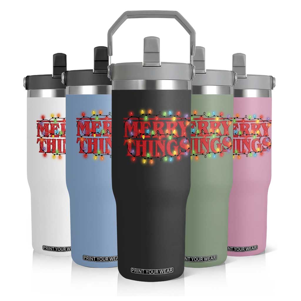 Funny Stranger Christmas Flip Straw Tumbler Merry Things Xmas Movie Neon Lights TS11 Print Your Wear