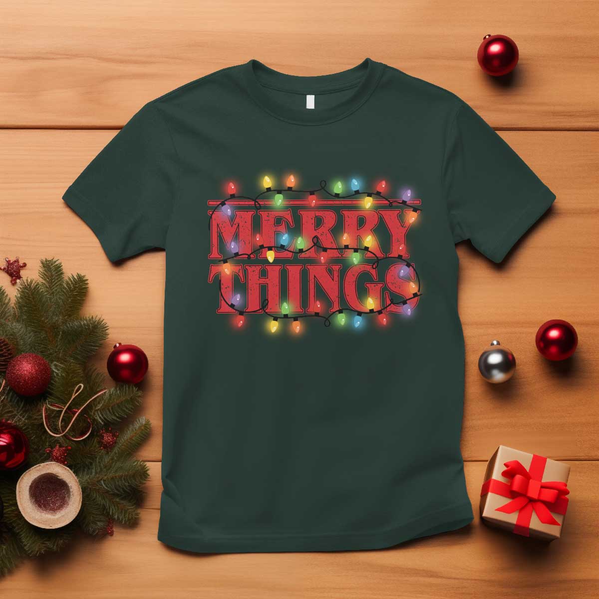 Funny Stranger Christmas T Shirt Merry Things Xmas Movie Neon Lights TS11 Dark Forest Green Print Your Wear