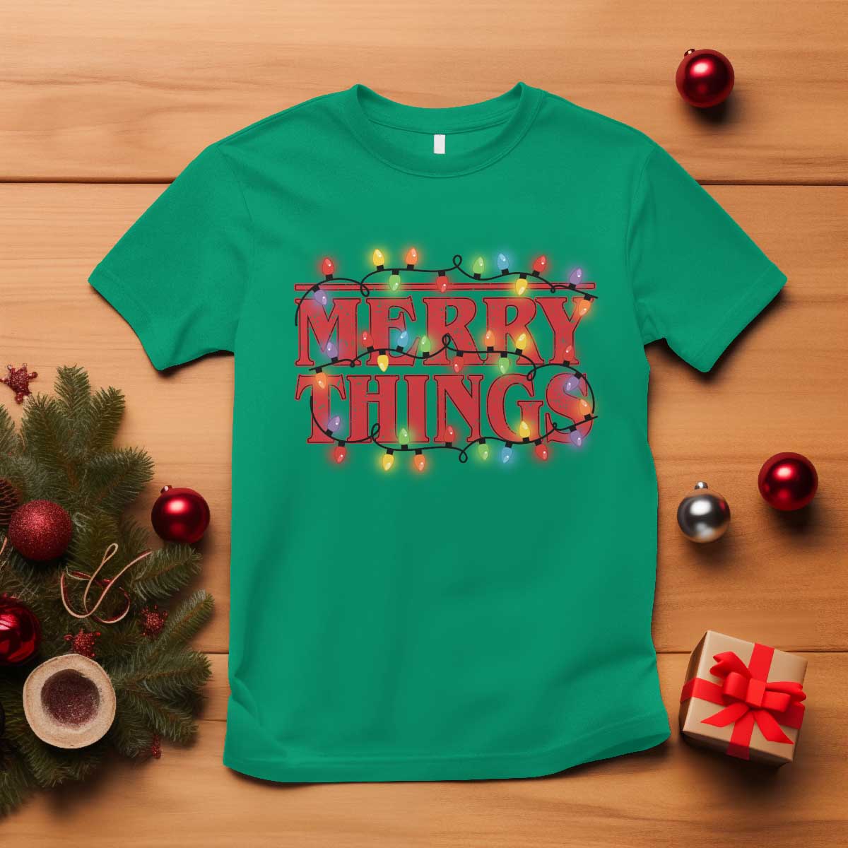 Funny Stranger Christmas T Shirt Merry Things Xmas Movie Neon Lights TS11 Irish Green Print Your Wear