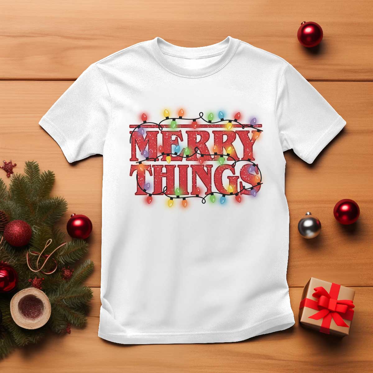 Funny Stranger Christmas T Shirt Merry Things Xmas Movie Neon Lights TS11 White Print Your Wear