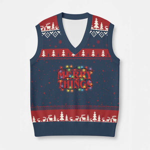 Funny Stranger Xmas V-Neck Knit Sweater Vest Merry Things Xmas Movie Neon Lights TS11 Navy Red Print Your Wear