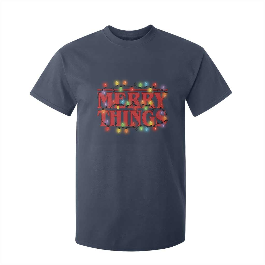 Funny Stranger Christmas T Shirt For Kid Merry Things Xmas Movie Neon Lights TS11 Navy Print Your Wear