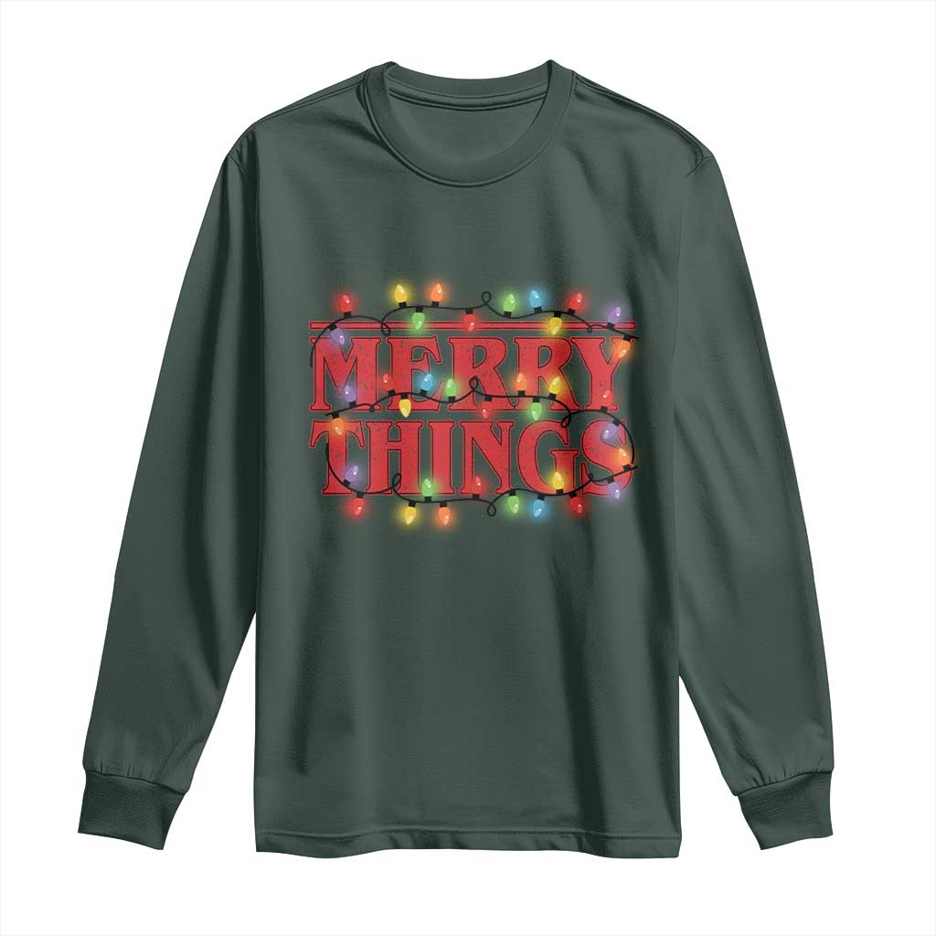 Funny Stranger Christmas Long Sleeve Shirt Merry Things Xmas Movie Neon Lights TS11 Dark Forest Green Print Your Wear