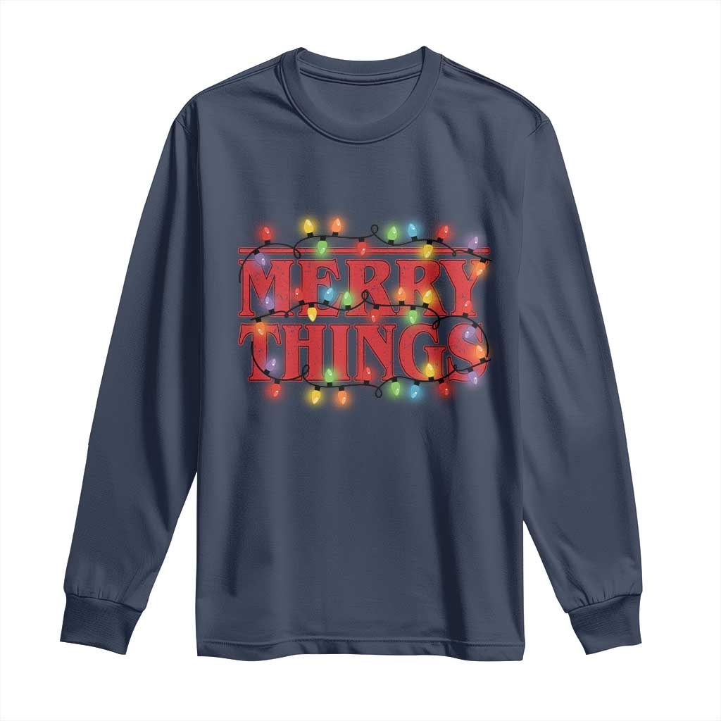Funny Stranger Christmas Long Sleeve Shirt Merry Things Xmas Movie Neon Lights TS11 Navy Print Your Wear