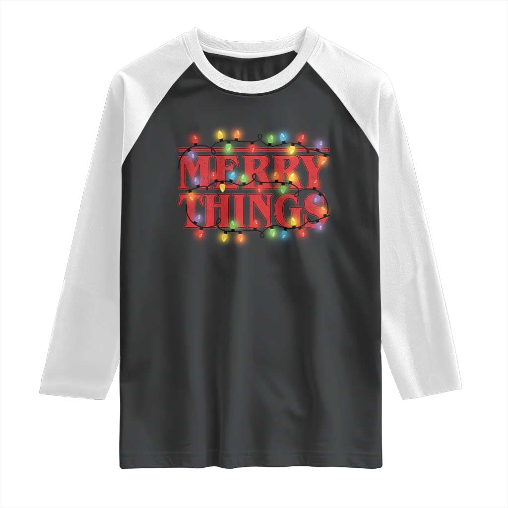 Funny Stranger Christmas Raglan Shirt Merry Things Xmas Movie Neon Lights TS11 Black White Print Your Wear