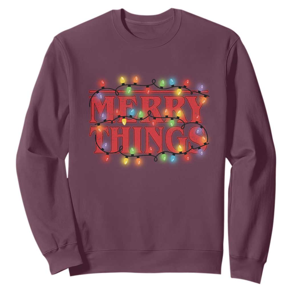Funny Stranger Christmas Sweatshirt Merry Things Xmas Movie Neon Lights TS11 Maroon Print Your Wear