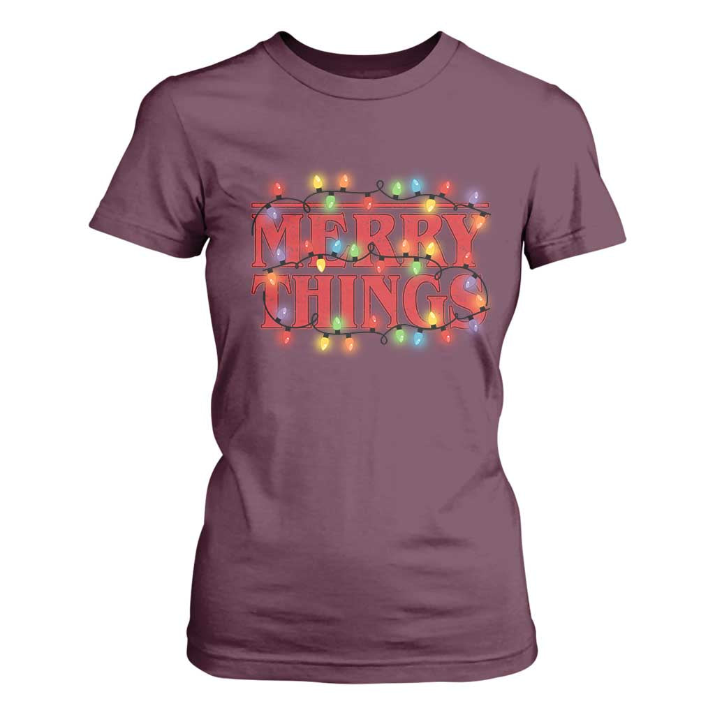 Funny Stranger Christmas T Shirt For Women Merry Things Xmas Movie Neon Lights TS11 Maroon Print Your Wear