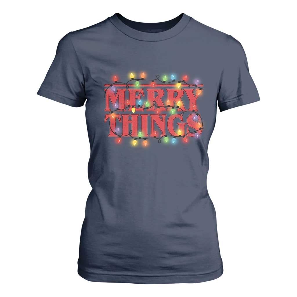Funny Stranger Christmas T Shirt For Women Merry Things Xmas Movie Neon Lights TS11 Navy Print Your Wear
