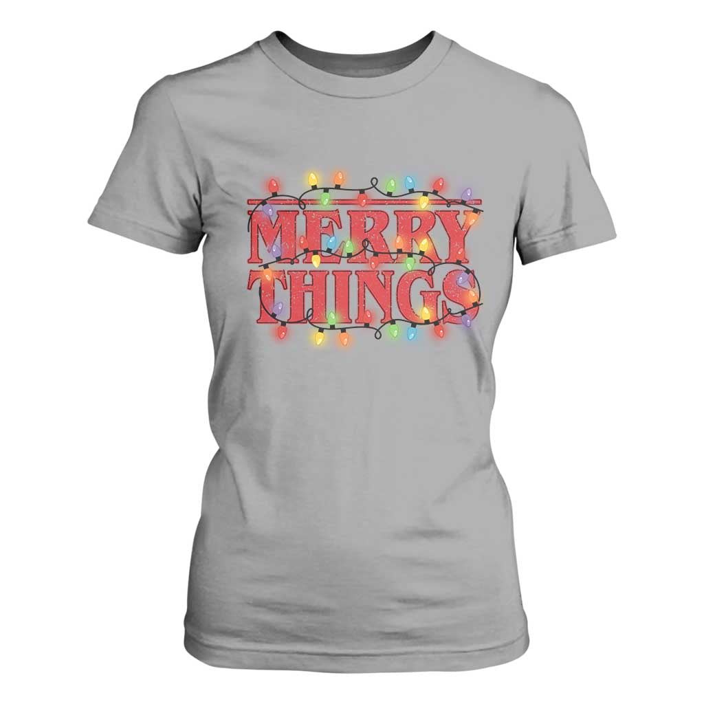 Funny Stranger Christmas T Shirt For Women Merry Things Xmas Movie Neon Lights TS11 Sport Gray Print Your Wear