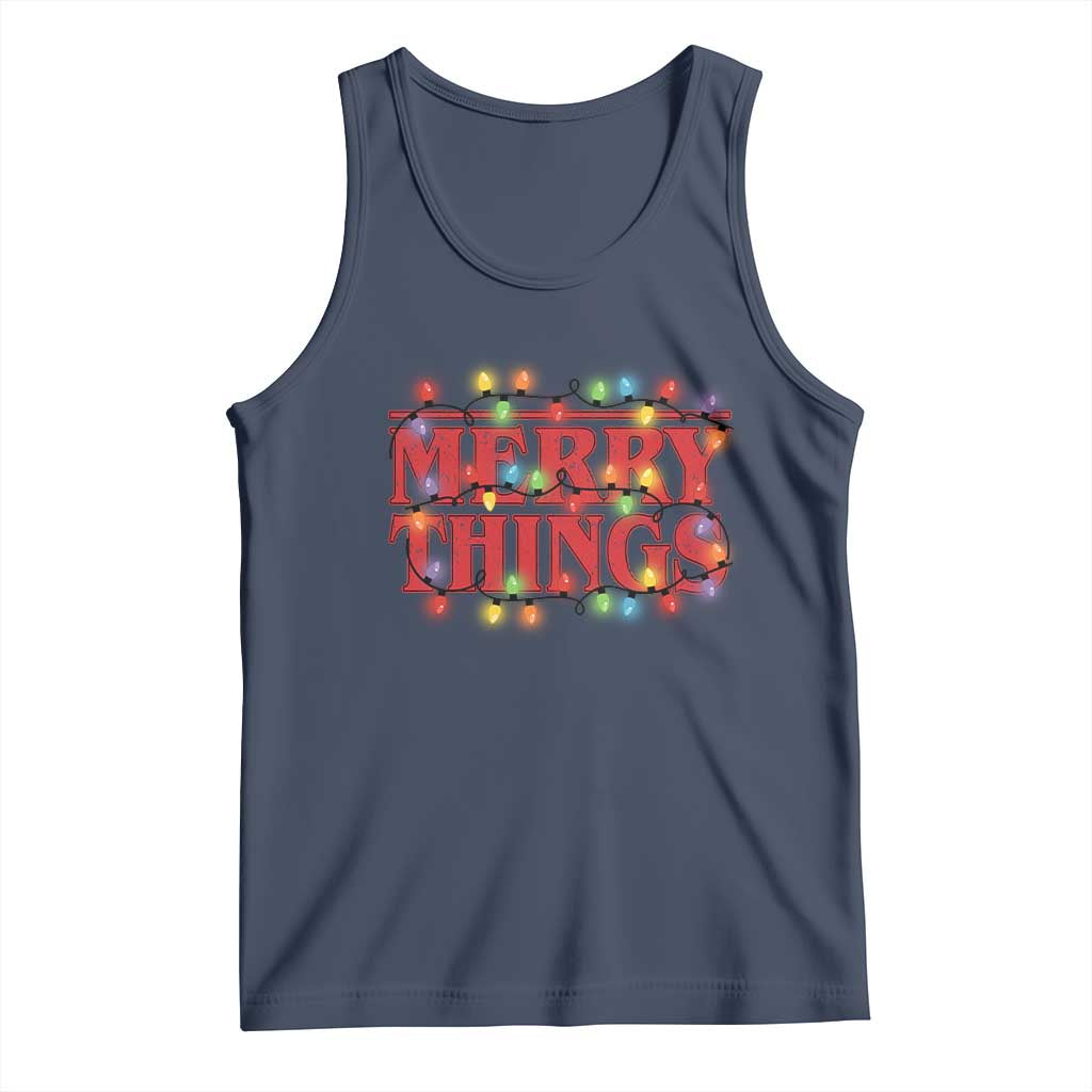 Funny Stranger Christmas Tank Top Merry Things Xmas Movie Neon Lights TS11 Navy Print Your Wear