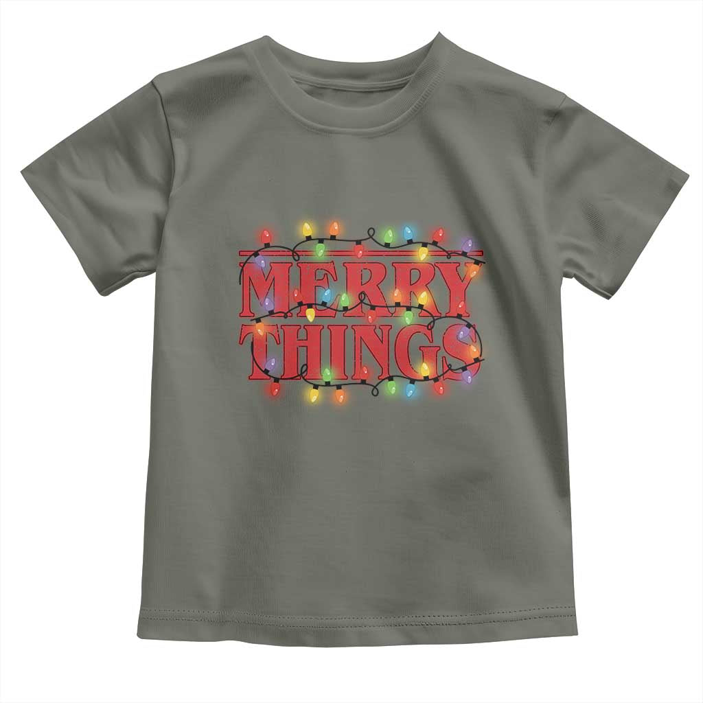 Funny Stranger Christmas Toddler T Shirt Merry Things Xmas Movie Neon Lights TS11 Military Green Print Your Wear