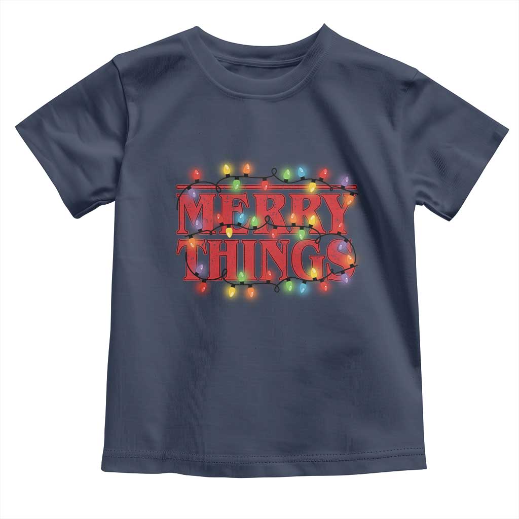 Funny Stranger Christmas Toddler T Shirt Merry Things Xmas Movie Neon Lights TS11 Navy Print Your Wear