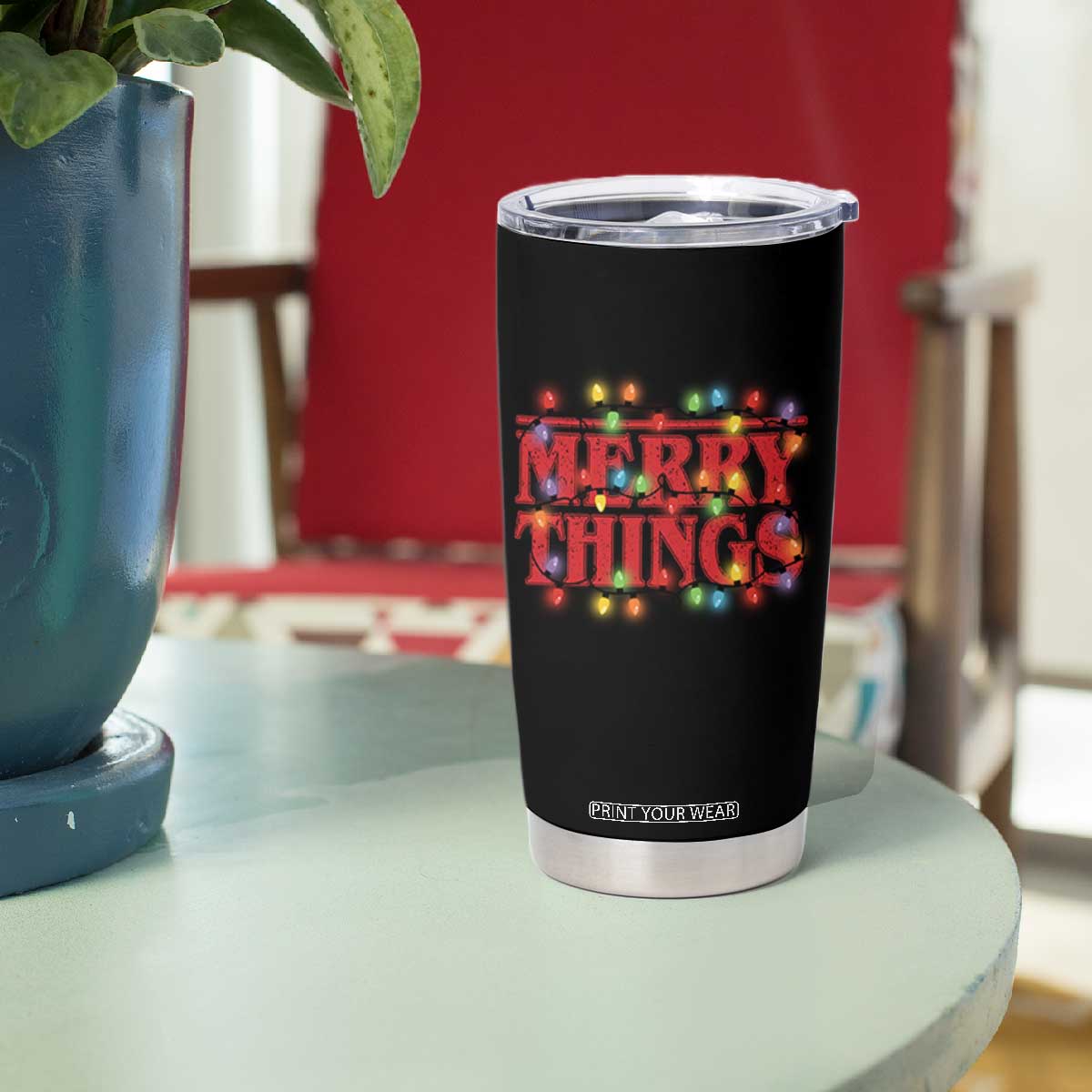 Funny Stranger Christmas Tumbler Cup Merry Things Xmas Movie Neon Lights TS11 Print Your Wear