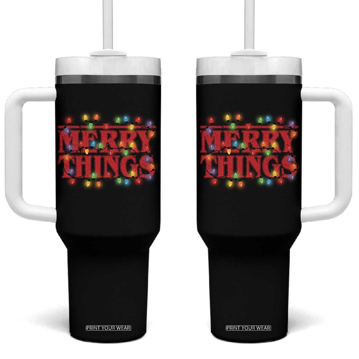 Funny Stranger Christmas Tumbler With Handle Merry Things Xmas Movie Neon Lights TS11 One Size: 40 oz Black Print Your Wear