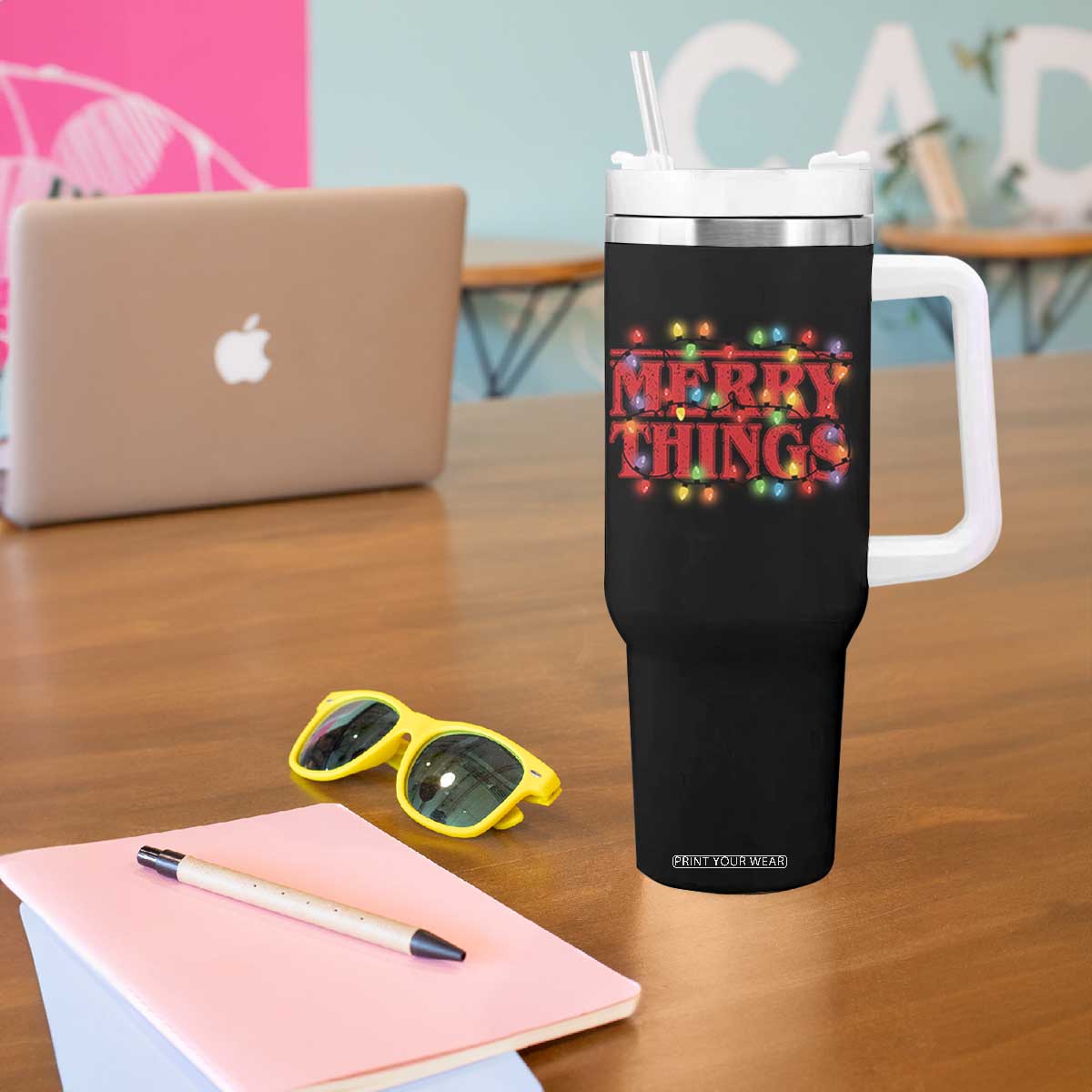 Funny Stranger Christmas Tumbler With Handle Merry Things Xmas Movie Neon Lights TS11 Print Your Wear
