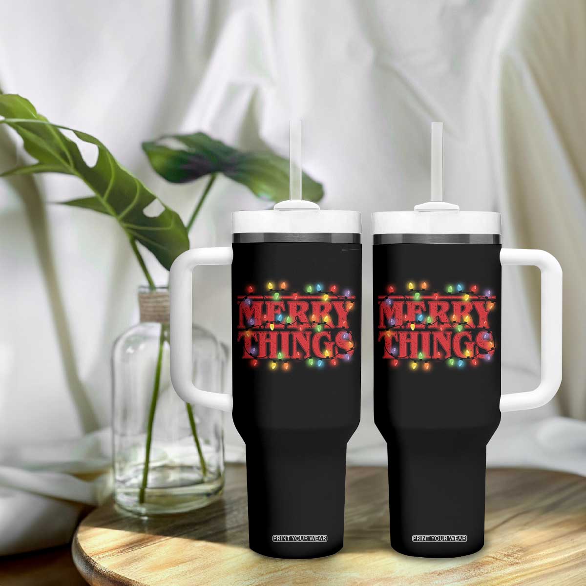 Funny Stranger Christmas Tumbler With Handle Merry Things Xmas Movie Neon Lights TS11 Print Your Wear