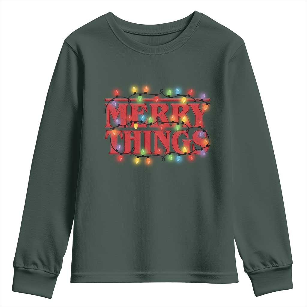 Funny Stranger Christmas Youth Sweatshirt Merry Things Xmas Movie Neon Lights TS11 Dark Forest Green Print Your Wear