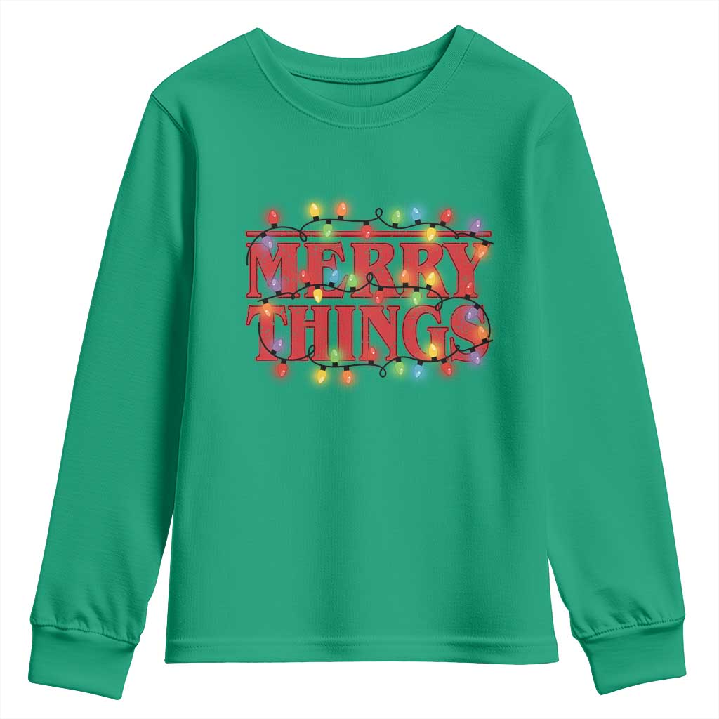 Funny Stranger Christmas Youth Sweatshirt Merry Things Xmas Movie Neon Lights TS11 Irish Green Print Your Wear