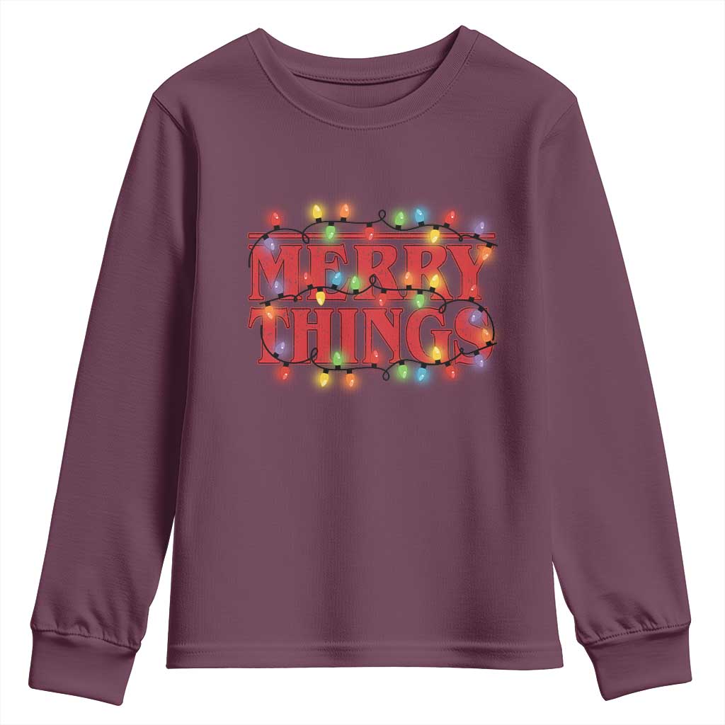 Funny Stranger Christmas Youth Sweatshirt Merry Things Xmas Movie Neon Lights TS11 Maroon Print Your Wear