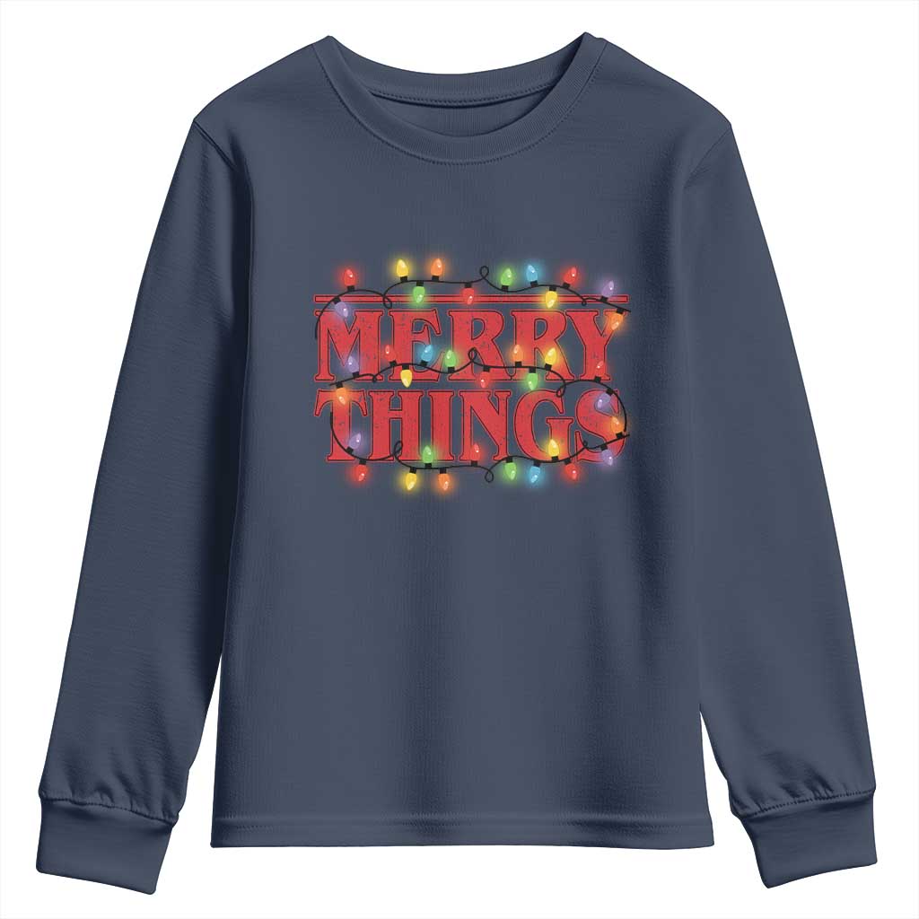 Funny Stranger Christmas Youth Sweatshirt Merry Things Xmas Movie Neon Lights TS11 Navy Print Your Wear
