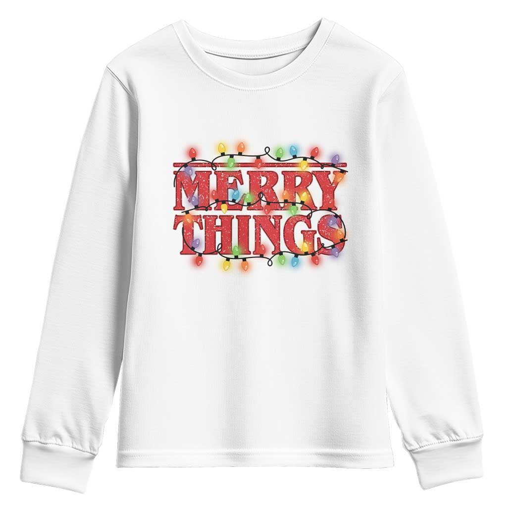 Funny Stranger Christmas Youth Sweatshirt Merry Things Xmas Movie Neon Lights TS11 White Print Your Wear