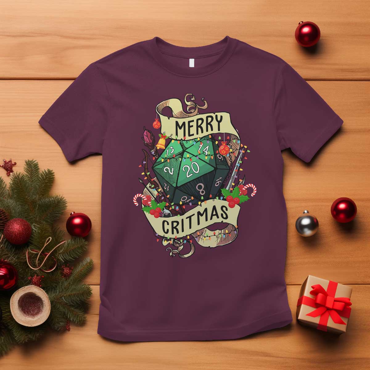 Funny Christmas Tabletop RPG T Shirt Merry Critmas D20 RPG Gamer Gaming TS11 Maroon Print Your Wear